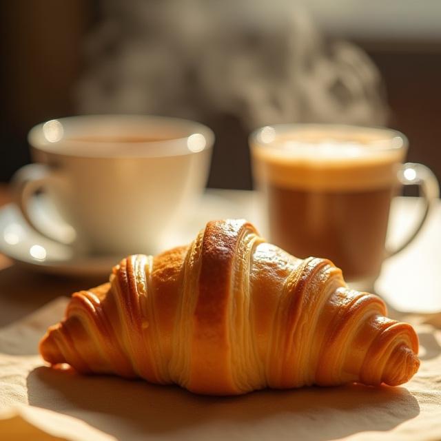 Un croissant dorado, recién horneado, acompañado de una taza de café humeante.