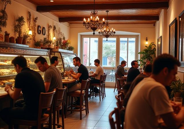 Interior acogedor de la panadería Rueda del Sabor con clientes conversando y mesas de madera.