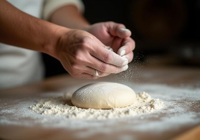 Primer plano de las manos de un panadero espolvoreando suavemente harina sobre una superficie de trabajo.