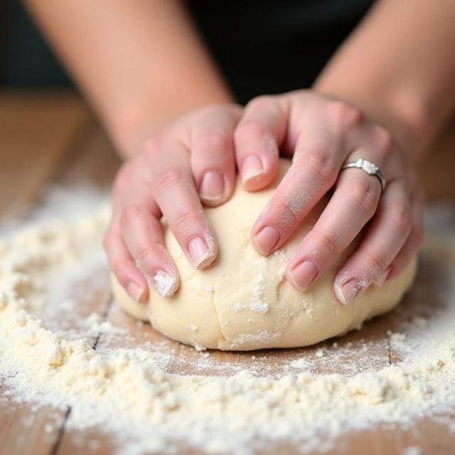 Manos amasando suavemente masa de pan, esparciendo harina sobre una mesa de madera. 