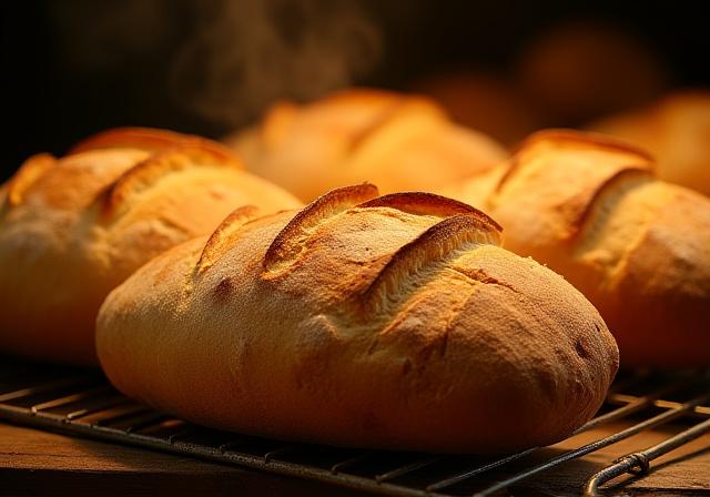 Un surtido de panes rústicos recién salidos del horno, dorados y crujientes.
